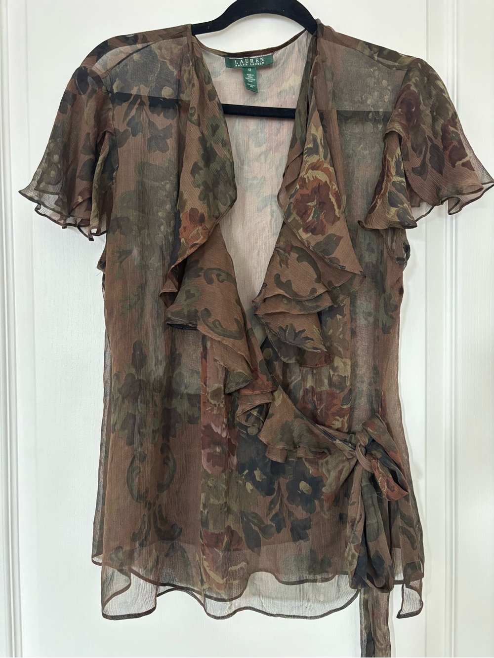 Lauren Ralph Lauren 100% silk Brown Floral Ruffle Wrap Top